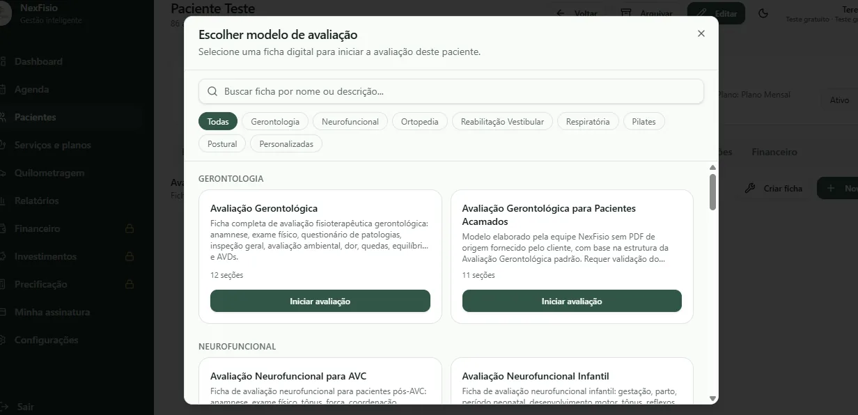 Seleção de modelos de avaliação fisioterapêutica no NexFisio