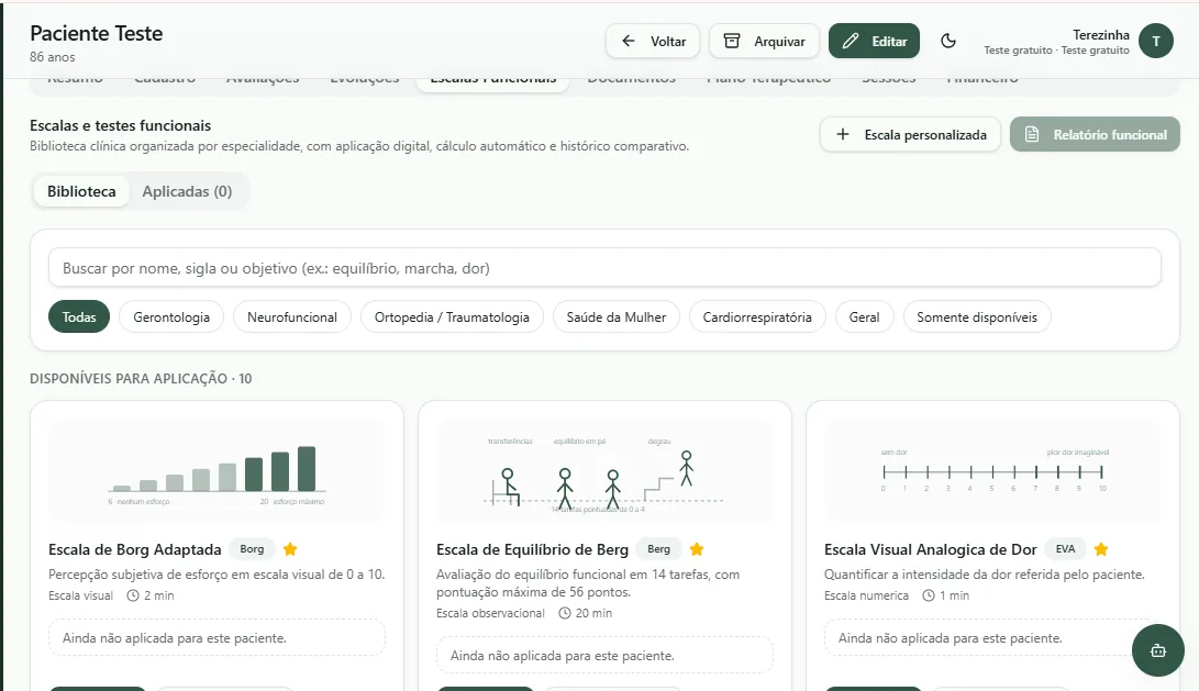 Biblioteca de escalas e testes funcionais do NexFisio