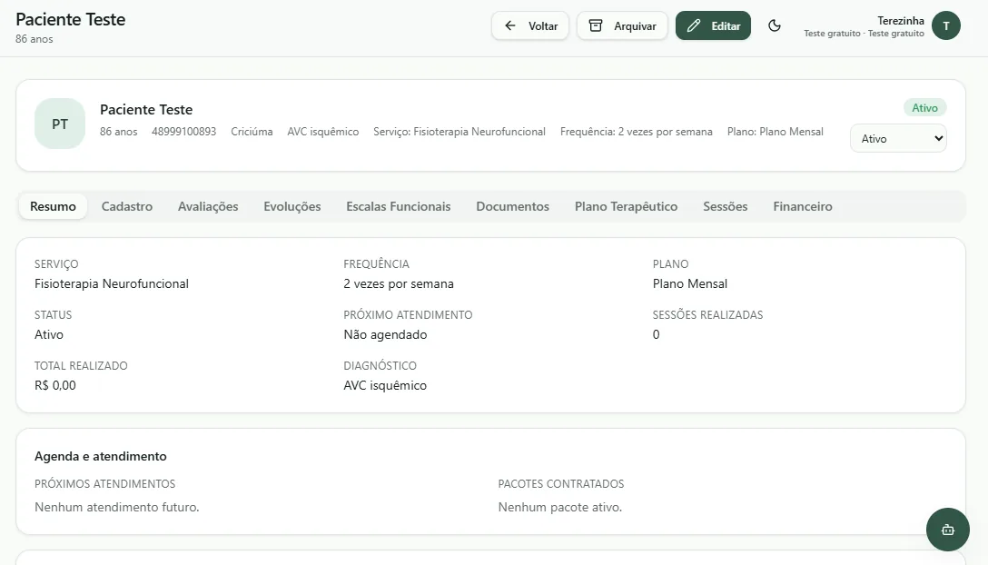 Resumo do prontuário do paciente no NexFisio