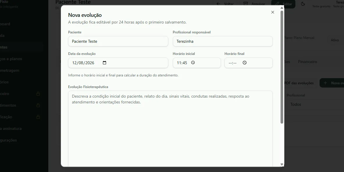 Registro de nova evolução fisioterapêutica no NexFisio