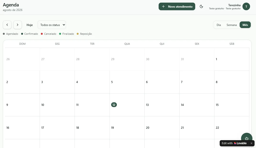 Agenda mensal do NexFisio com atendimentos de fisioterapia domiciliar