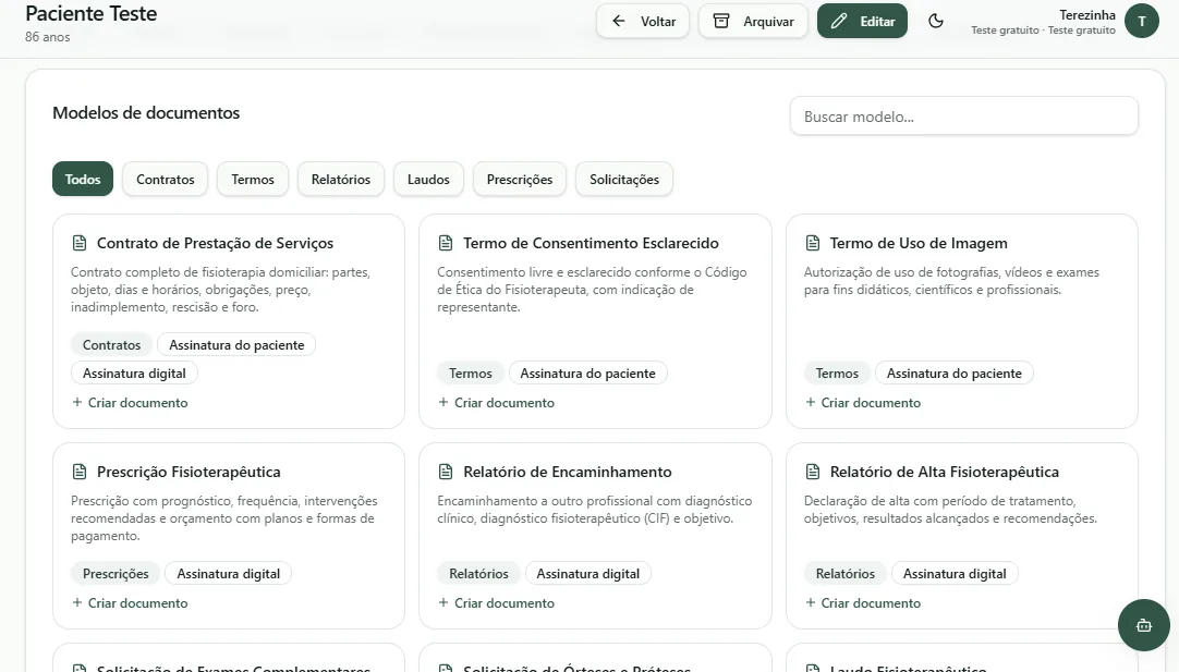 Biblioteca de modelos de documentos fisioterapêuticos do NexFisio
