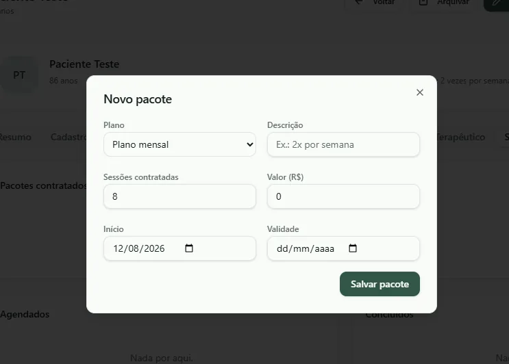 Cadastro de novo pacote de sessões no NexFisio